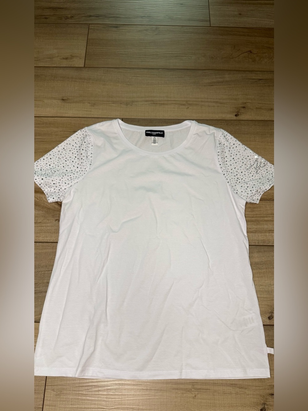 Karl Lagerfeld Paris White Rhinestone Crystal Sleeve Shirt M